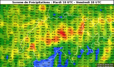 Somme des précipitations prévues entre mardi soir et vendredi soir en Suisse. 