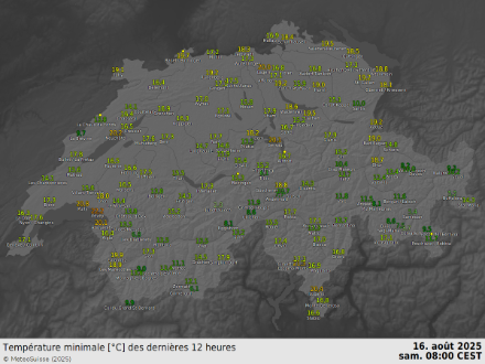 Températures minimales mesurées durant la nuit de vendredi à samedi en Suisse.