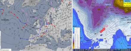 Carte de pression atmosphérique avec fronts ce matin à 6 UTC (à gauche) et carte météorologique en altitude 500 hPa (environ 5700 m) avec géopotentiel (lignes noires) et température (zones colorées).