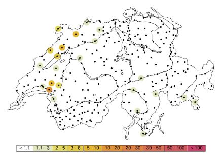 Figure 3 : Périodes de retour en années des cumuls journaliers maximaux sur 24 heures pour le 28 août 2025. La légende indique les périodes de retour (par exemple 5 à 10 ans).