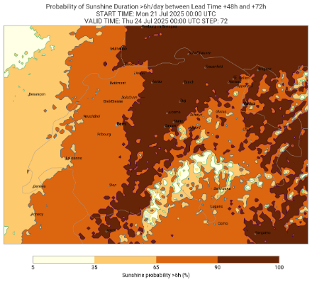 Figure 5 : Probabilité que le soleil brille plus de 6 heures le 23 juillet 2025. (Image : MétéoSuisse)