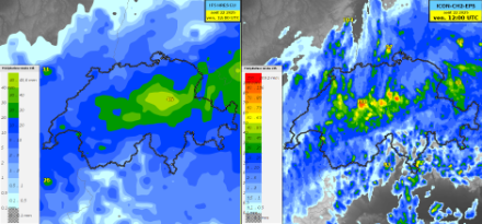 Accumulation de précipitations sur 24h jusqu'à vendredi 22 août 12UTC d'après le modèle IFS (à gauche) et ICON-CH2-EPS (à droite). (Source : ECMWF & MétéoSuisse)