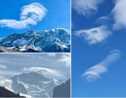 Des nuages en forme de sourcils au-dessus du Val d'Anniviers (en haut à gauche), du massif de la Jungfrau (en bas à gauche) et de Zermatt (à droite).