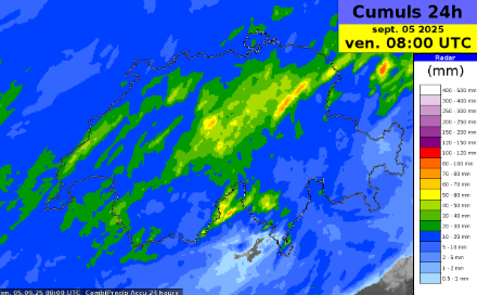 Cumuls de précipitations sur 24h (entre jeudi 10h et vendredi 10h) résultant des valeurs mesurées aux stations et des mesures des 5 radars météorologiques suisses. 