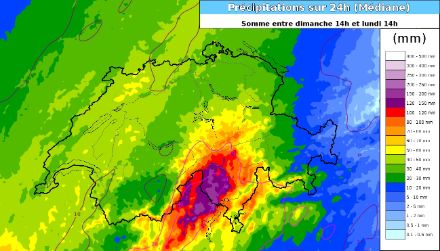 Somme des précipitations sur 24h entre dimanche 21 septembre à 14h et lundi 22 septebmre à 14h