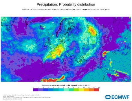 Probabilité de dépasser le quintil supérieur (centile 80) des cumuls de précipitations pour la semaine du 20 au 26 octobre 2026.