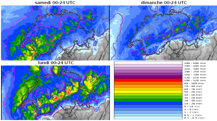 Figure 3 : cumuls de précipitations sur 24 h pour samedi, dimanche et lundi. Source : modèle ICON-CH2-EPS, MétéoSuisse.