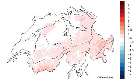 Figure 6. Répartition en Suisse de la température en septembre 2025. L’écart (en °C) à la période de référence 1991-2020 est représenté. Source : MétéoSuisse