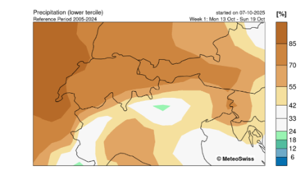 Probabilité que la semaine du 13 au 19 octobre soit plus sèche que la moyenne climatologique. Au sud des Alpes, quelques précipitations sont possibles, surtout en début de semaine, mais sinon, il ne devrait guère pleuvoir (ou neiger). (Image : ECMWF & MétéoSuisse)