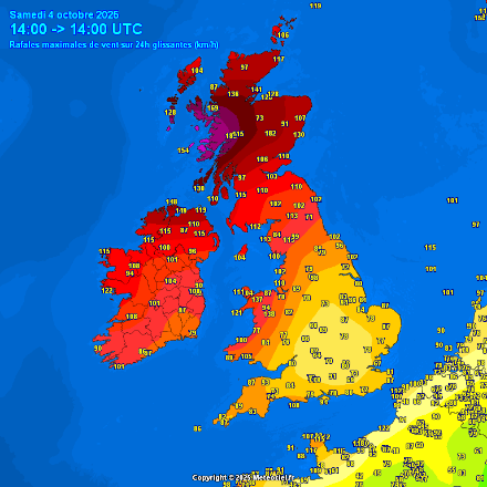 Rafales de vent maximales mesurées sur 24 h entre vendredi 14h UTC et samedi 14h UTC.