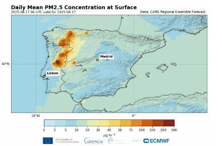 Concentrations quotidiennes moyennes en surface des particules fines PM2,5 issues des prévisions régionales d'ensemble du CAMS, avec des valeurs largement supérieures aux directives de l'OMS en matière de qualité de l'air (15 microgrammes moyens/24h) le 17 août 2025. Source : CAMS.