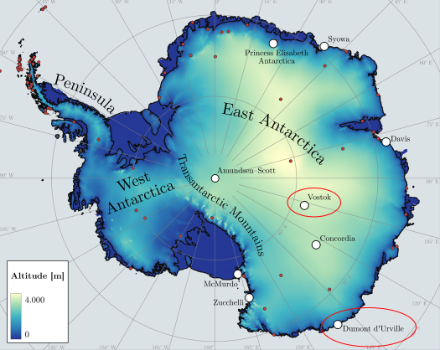 Figure 1 : carte topographique de l’Antarctique. Les stations détenant les records de température la plus basse et vent le plus fort sont entourées en rouge. Source : adapté de Grazioli et al. 2024. 