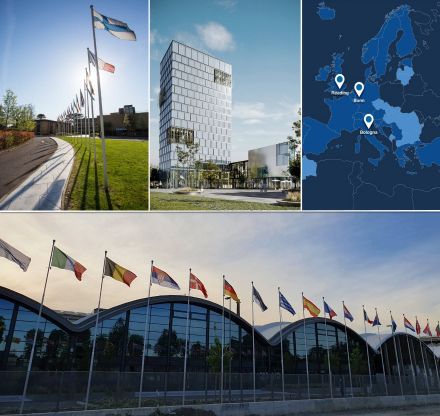 Le CEPMMT opère sur trois sites (en haut à droite). Le bâtiment du siège du CEPMMT à Reading, au Royaume-Uni (en haut à gauche), le futur bâtiment du site du CEPMMT à Bonn, en Allemagne, qui est entré en service en 2021 (en haut au milieu) et le centre de calcul à Bologne, en Italie, qui est opérationnel depuis 2022 (en bas).