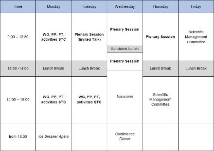 A conference schedule displayed in a table format, outlining sessions from Monday to Friday. It includes working groups, plenary sessions, a scientific management committee, an excursion, and social events like an ice breaker apéro and a conference dinner. The schedule is divided into morning, afternoon, and evening activities, with lunch breaks in between.