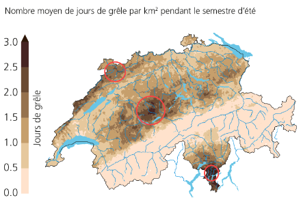 Carte avec l’occurrence de la grêle en Suisse et les lieux approximatifs des 80 capteurs de grêle.