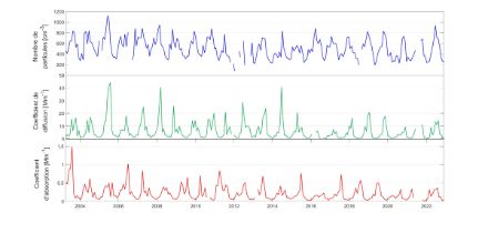 La figure présente la série temporelle de 1995 à 2016 de la concentration en nombre des aérosols, et des coefficients de diffusion et d’absorption.