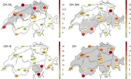 4 graphiques avec à chaque fois 19 noms de stations sur une carte de la Suisse. La pondération est représentée avec plusieurs couleurs variant de 1 % à 14 % pour la moyenne suisse et jusqu’à plus de 30 % pour les sous-régions.