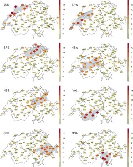 8 graphiques comportant chacun 68 noms de stations sur une carte de la Suisse. La pondération est représentée avec plusieurs couleurs. En dehors des sous-régions, elle est généralement inférieure à 2 % et atteigne 24 % en Valais et 14 % dans les autres régions.