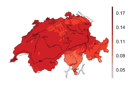  	Carte de la Suisse, colorée en différentes nuances de rouge : rouge foncé au nord-ouest, car la température y a augmenté un peu plus fortement ; rouge clair au Tessin, car l'augmentation y a été plus faible.