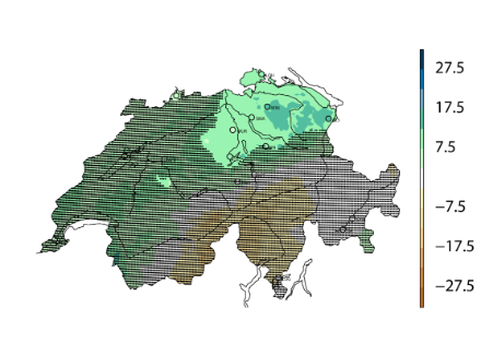  	Carte annuelle de la Suisse ; la plupart des régions sont représentées en pointillés, car aucun changement significatif des précipitations annuelles n'y a été observé. Seule la partie nord-est du Plateau est colorée en vert, car la quantité de précipitations y a augmenté de manière significative.