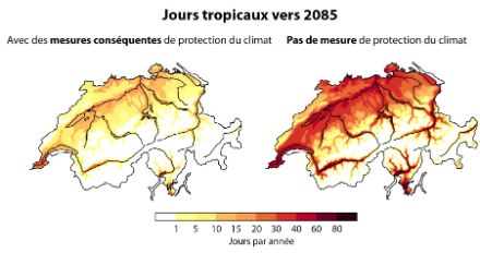  Deux cartes suisses avec des indications en couleur sur l'évolution du nombre de jours de canicule, si des mesures contre le changement climatique sont prises ou non.