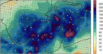 Cette image montre un exemple d’une analyse spatiale du climat. Le cumul des précipitations entre le 21 et le 22 août 2005 est représenté sur une carte de la Suisse Centrale. Les valeurs vont de 10 à 250 millimètres.
