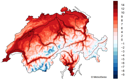  	Carte de la Suisse avec des données de température annuelle codées par couleur. Le Plateau, le Tessin et les vallées alpines sont colorés en rouge. Ici, la température annuelle se situe entre 7 et 14 °C.