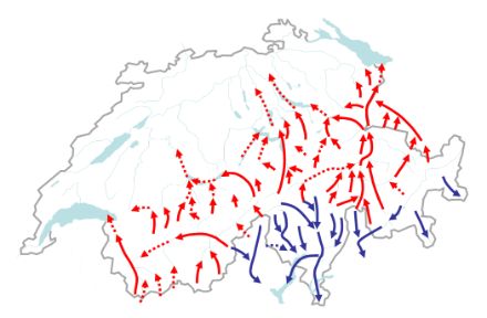 Carte de la Suisse avec les vallées à foehn. Celles-ci s'étendent du Haut-Valais et du Bas-Valais à l'ouest à la vallée du Rhin à l'est, en passant par les vallées du Hasli et de la Reuss.