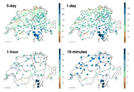  	Carte de la Suisse montrant la moyenne des maxima annuels de précipitations. Le Tessin est sujet aux plus fortes précipitations, les vallées intra-alpines aux plus faibles. Pour les durées d’un jour et plus, le versant nord des Alpes reçoit des précipitations plus abondantes que le Plateau Suisse. En revanche, pour les précipitations mesurées sur de courtes durées, la topographie semble jouer un rôle moins important.  