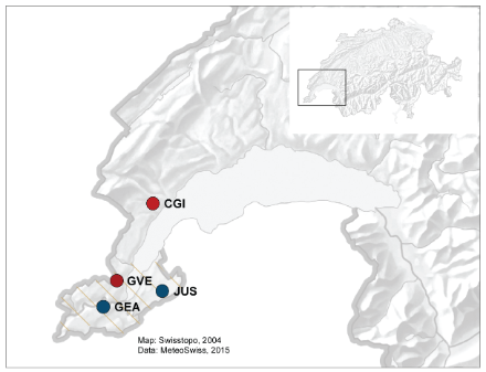 Carte de la Suisse montrant le village de Lully (point noir) et les stations situées à proximité (points bleus et rouges).