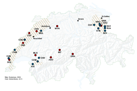 Carte de la Suisse montrant les régions touchées en hachuré et les stations utilisées pour l’analyse de l’évènement et quelques villes suisses avec des points.