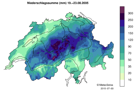 Karte der Schweiz, die die 5-Tages-Niederschlagssumme durch Farbverlauf darstellt.