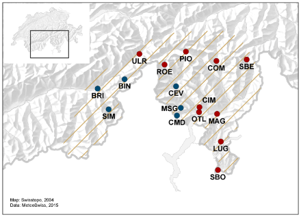Carte de la Suisse montrant les régions touchées en hachuré et les stations utilisées pour l’analyse de l’évènement avec des points.