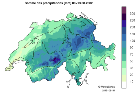 Carte de la Suisse représentant le cumul des précipitations sur 5 jours avec un dégradé de couleurs.