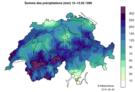 Carte de la Suisse représentant le cumul des précipitations sur 6 jours avec un dégradé de couleurs.