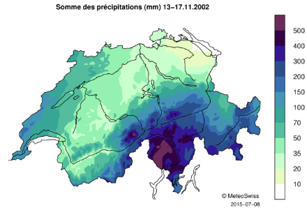 Carte de la Suisse représentant le cumul des précipitations sur 5 jours avec un dégradé de couleurs.