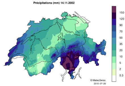 Carte de la Suisse représentant les précipitations journalières avec un dégradé de couleurs.