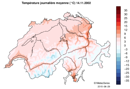 Carte de la Suisse représentant la température journalière moyenne avec un dégradé de couleurs.