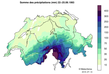 Carte de la Suisse représentant le cumul des précipitations sur 4 jours avec un dégradé de couleurs.