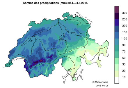 Carte de la Suisse représentant le cumul des précipitations sur 5 jours avec un dégradé de couleurs.