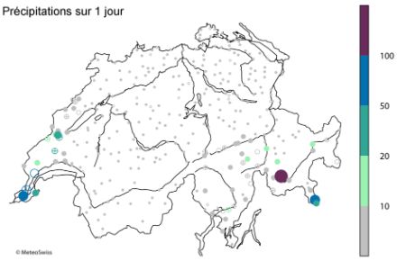 Carte de la Suisse représentant avec des cercles colorés les périodes de retour des précipitations sur 1 jour pour le 14 novembre 2002.