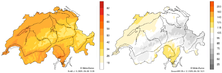 Deux cartes de la Suisse avec les lacs et rivières principaux. Les cartes montrent le rapport entre la durée effective d'ensoleillement et la durée maximale possible d'ensoleillement (à gauche) et le rapport à la période de référence 1991-2020 (à droite) pour ce mois à l'intérieur des frontières nationales.