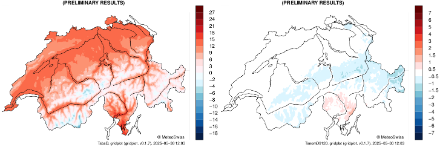 Deux cartes de la Suisse avec les lacs et rivières principaux. Les cartes montrent les températures mensuelles moyennes (à gauche) et les écarts par rapport à la période de référence 1991-2020 (à droite) pour ce mois à l'intérieur des frontières nationales.