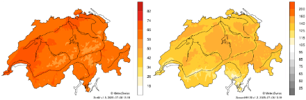 Deux cartes de la Suisse avec les lacs et rivières principaux. Les cartes montrent le rapport entre la durée effective d'ensoleillement et la durée maximale possible d'ensoleillement (à gauche) et le rapport à la période de référence 1991-2020 (à droite) pour ce mois à l'intérieur des frontières nationales.