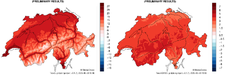 Deux cartes de la Suisse avec les lacs et rivières principaux. Les cartes montrent les températures mensuelles moyennes (à gauche) et les écarts par rapport à la période de référence 1991-2020 (à droite) pour ce mois à l'intérieur des frontières nationales.
