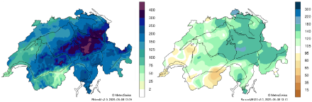 Deux cartes de la Suisse avec les lacs et rivières principaux. Les cartes montrent le cumul mensuel des précipitations (à gauche) et le rapport à la période de référence 1991-2020 (à droite) pour ce mois à l'intérieur des frontières nationales.
