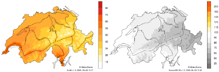 Deux cartes de la Suisse avec les lacs et rivières principaux. Les cartes montrent le rapport entre la durée effective d'ensoleillement et la durée maximale possible d'ensoleillement (à gauche) et le rapport à la période de référence 1991-2020 (à droite) pour ce mois à l'intérieur des frontières nationales.
