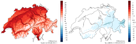 Deux cartes de la Suisse avec les lacs et rivières principaux. Les cartes montrent les températures mensuelles moyennes (à gauche) et les écarts par rapport à la période de référence 1991-2020 (à droite) pour ce mois à l'intérieur des frontières nationales.