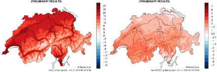 Deux cartes de la Suisse avec les lacs et rivières principaux. Les cartes montrent les températures mensuelles moyennes (à gauche) et les écarts par rapport à la période de référence 1991-2020 (à droite) pour ce mois à l'intérieur des frontières nationales.