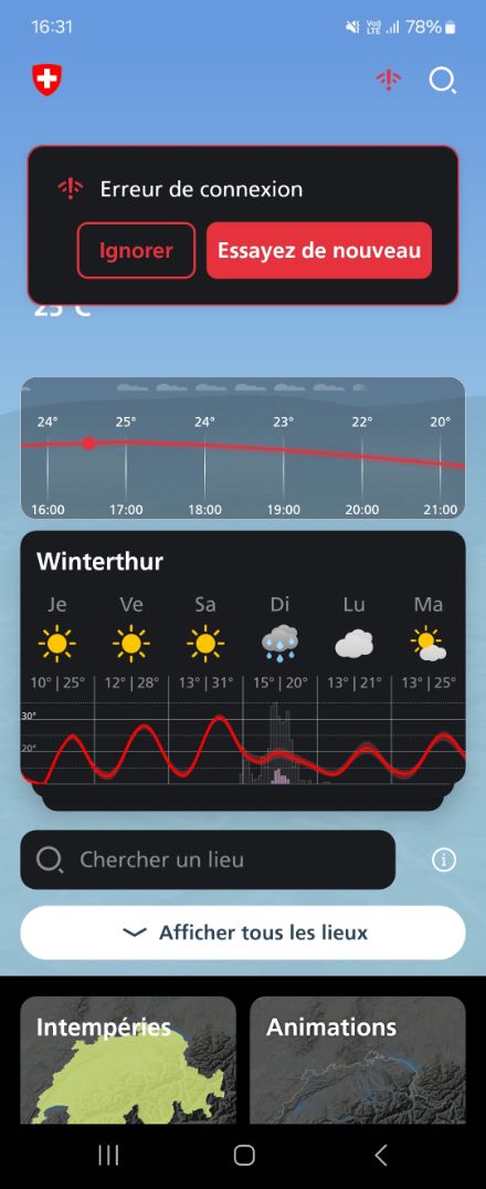 L'application ne charge pas de données (« ! » rouge).
